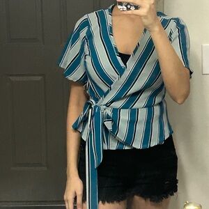 Striped Teal Wrap Short Sleeve Top
